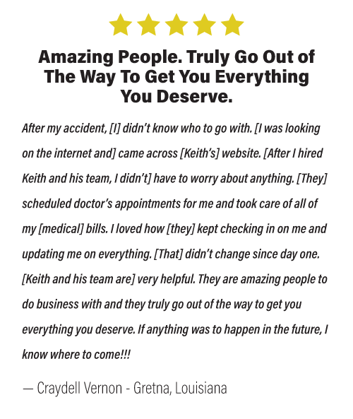 graphic of review from Gretna, Louisiana resident and client, Craydell V., includes 5 gold stars and headline says: "Amazing People. Truly Go Out of the Way to Get You Everything You Deserve."
