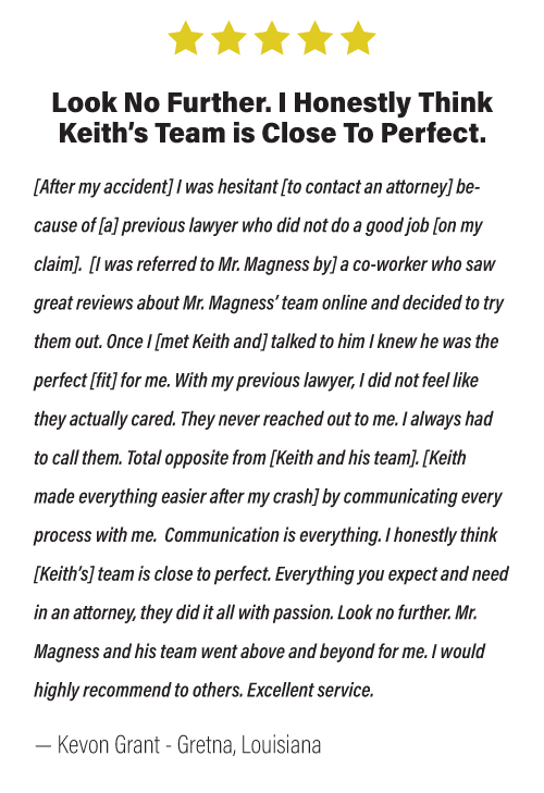 graphic of review from Gretna, Louisiana resident and client, Kevon G., includes 5 gold stars and headline says: "Look no further. I Honestly Think Keith's Team is Close to Perfect."
