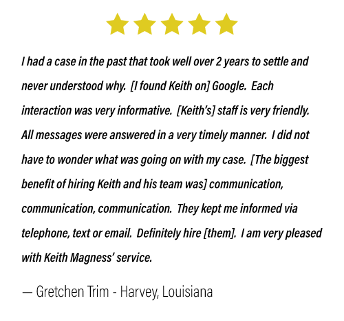 graphic of 5-star review from Harvey, Louisiana resident and client, Gretchen
