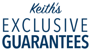 graphic with blue text on transparent background that says "Keith's Exclusive Guarantees"