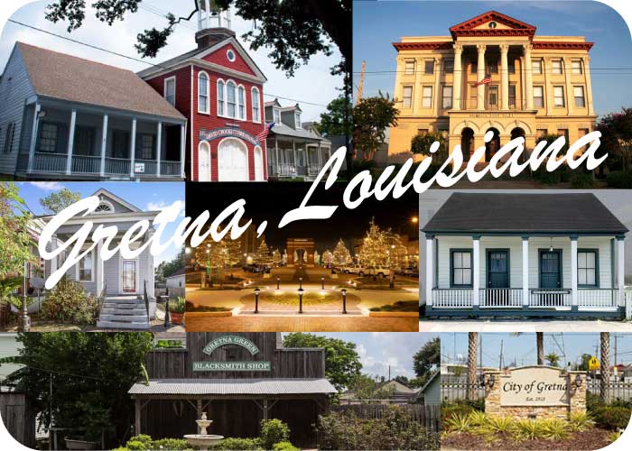 postcard-style graphic of Gretna, Louisiana with a collage of photos including city signage, a local home, Gretna City Hall, a historic blacksmith shop, The David Crocket Fire Co, No. 1, and The Kitty Strehle Home