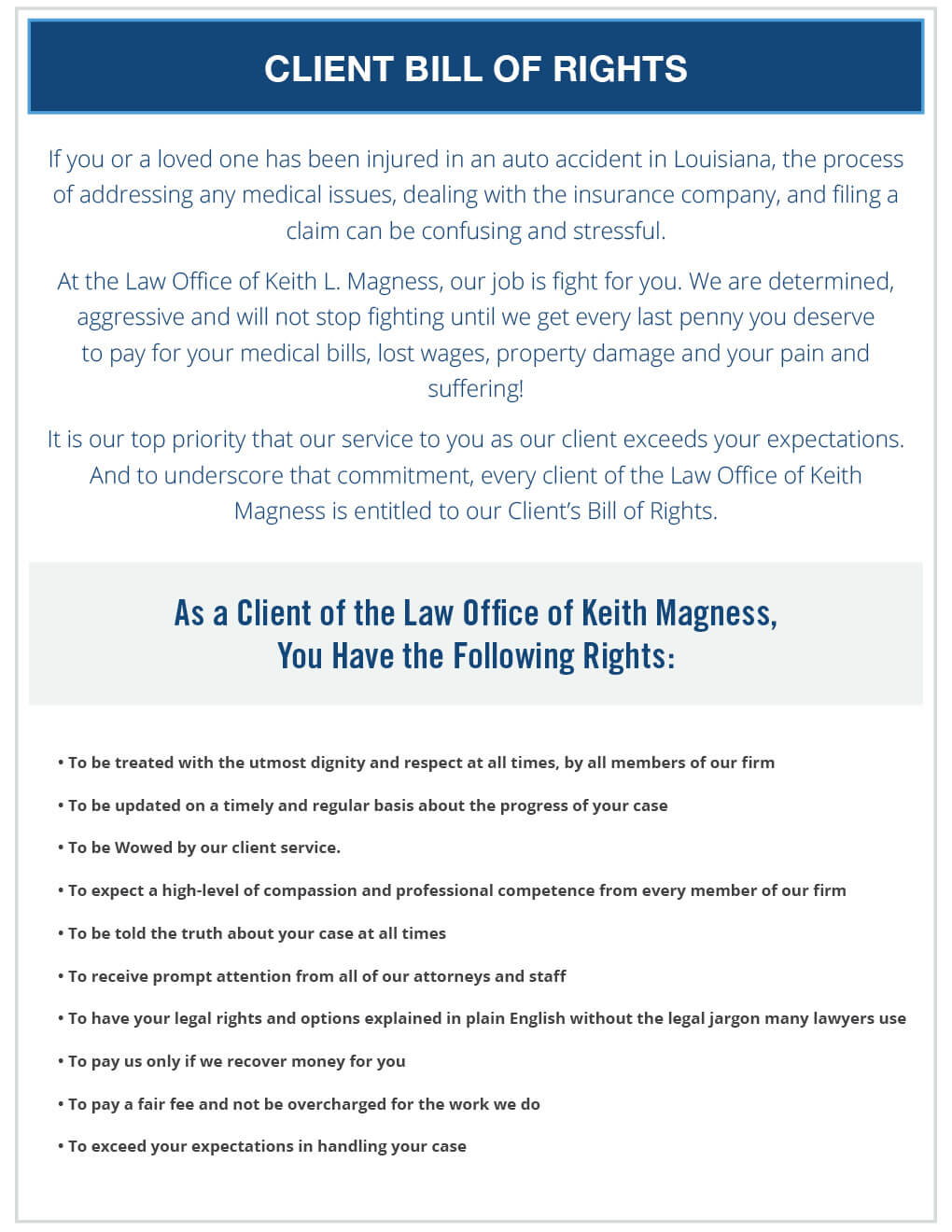 Auto Accident Injury Client Bill of Rights