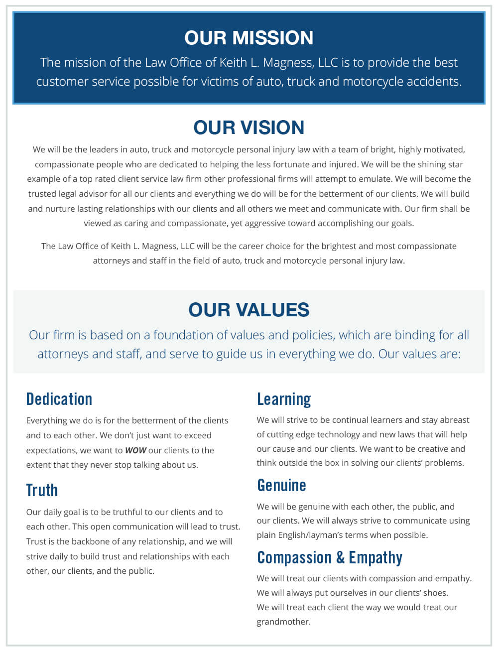 Law Office of Keith L. Magness, LLC Mission, Vision, and Value Statements