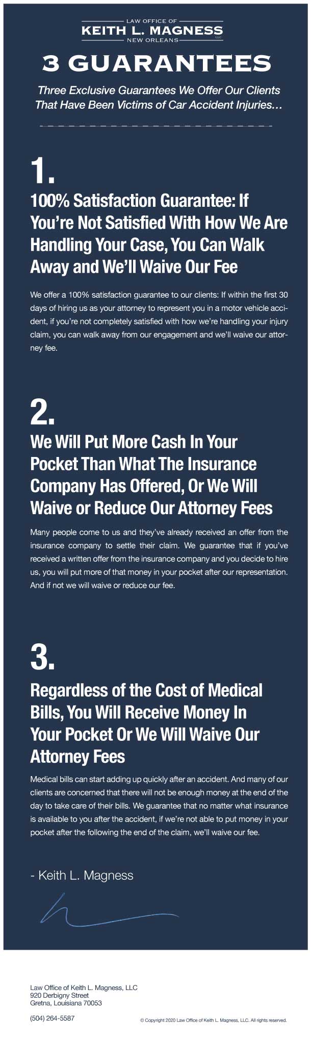 infographic: three guarantees to victims of car accident injuries: 1) 100% satisfaction guarantee, 2) more cash than the insurance company is offering, 3) will receive money regardless of medical costs or will waive fee
